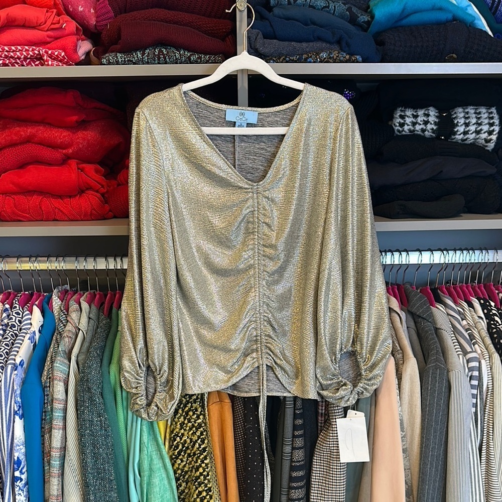 CeCe goldfish silver long sleeve v neck front ruching/tie blouse size XS